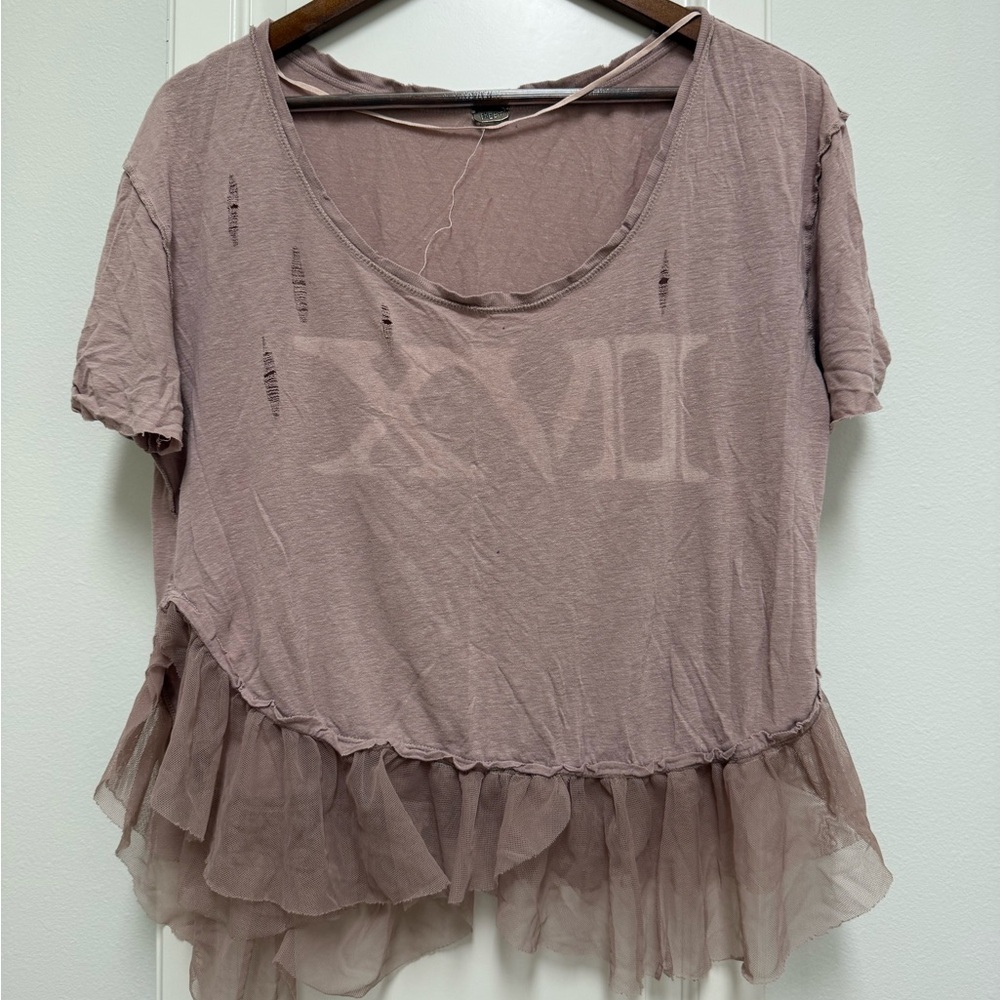 We The Free Pink Ruffled Scoop Neck Short Sleeve Top
